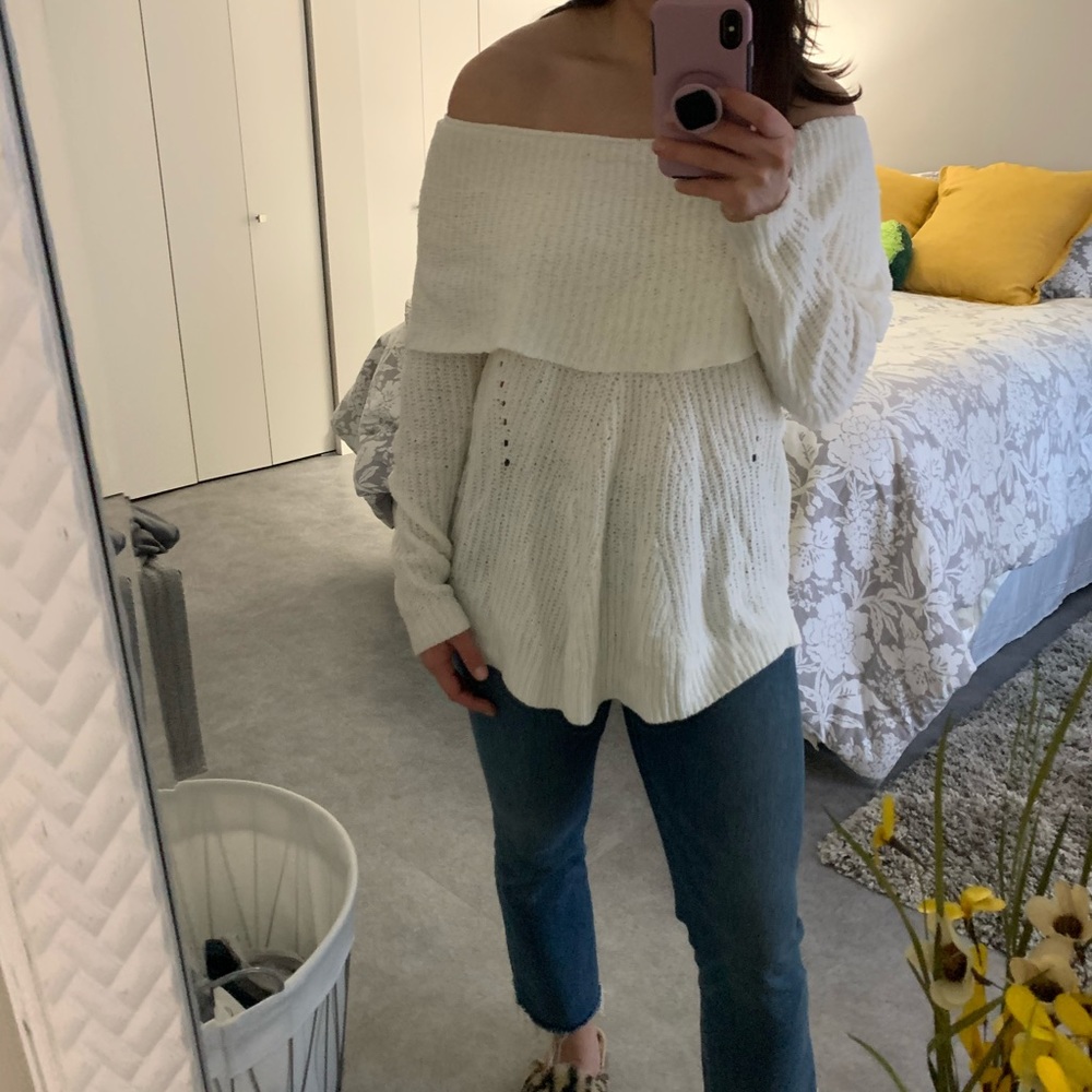 Anthropologie White Off-The-Shoulder Sweater
